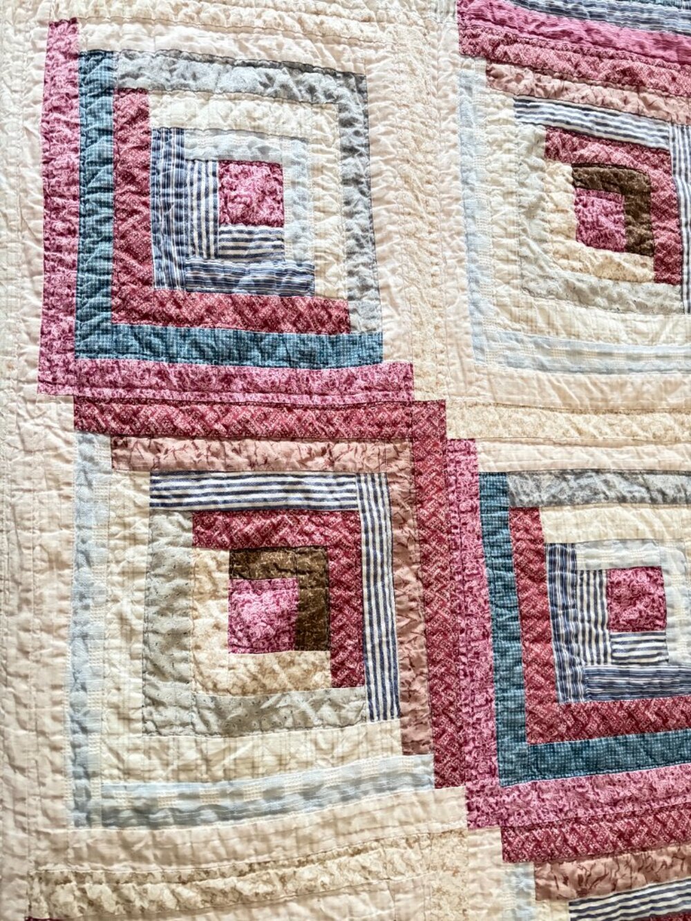 Log Cabin Quilt 85" x 85" Pink Peach Blue Full to Queen Size - Picture 3 of 16